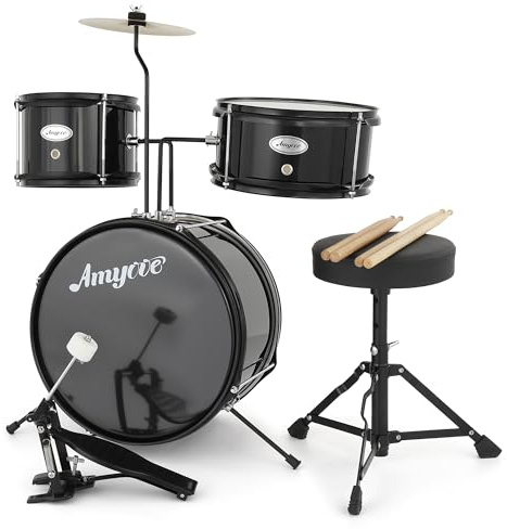 Garvee Kit de Batterie Enfant 3 pièces – Percussion complète avec Grosse Caisse, Bottes, cymbale, Tabouret, Baguettes, pédale – Instrument idéal pour débutants, garçons et Filles – Couleur Noire