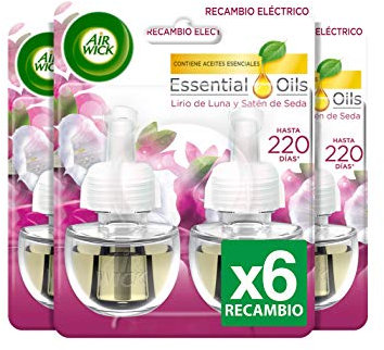 Air Wick Eléctrico, Recambios de ambientador automático eléctrico, Esencia para casa con Aroma a Lirio de Luna y Satén de Seda, Rosa, Pack de 6