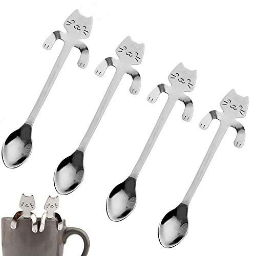 CosCosX 4 Pcs Stainless Steel Mini Cat Kitty Coffee Spoon, Tea Soup Sugar Dessert Appetizer Seasoning Bistro Hanging Cup Kitchen Gadget