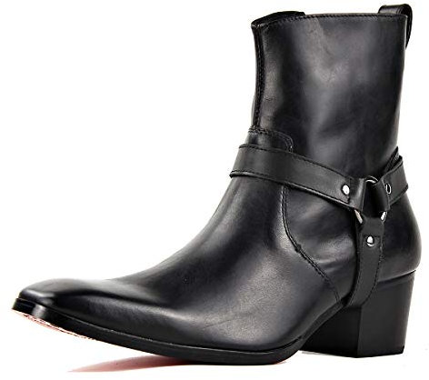 OSSTONE Stivaletto da uomo Chukka in pelle Stivaletti firmati Scarpe casual tacco Chelsea Stivali con Cerniera OS-JY002-black-belt-10.5