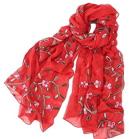 Pluto & Fox Damen Foulard bestickt mit Blumen Seidenschal Elegantes Retro-Design Schal Halsstola (Rot)
