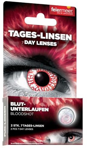 feiermeier® farbige Kontaktlinsen (7-Tageslinsen) ohne Stärke (1 Paar = 2 Stk.) - für Halloween, Cos-Play & Co. (Rot Blutunterlaufen)