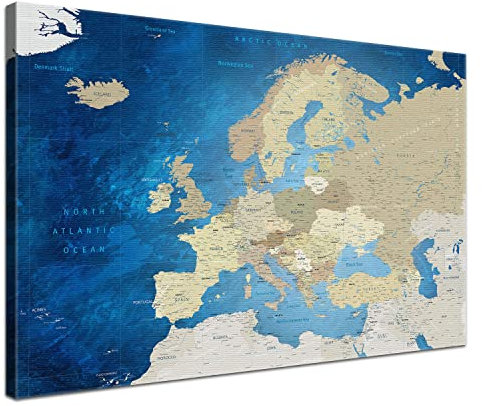 LANA KK - Europakarte Leinwandbild mit Korkrückwand zum pinnen der Reiseziele – englisch - Europa Meerestiefe - Kunstdruck Pinnwand Globus, Premium Qualität, 80 x 60 cm