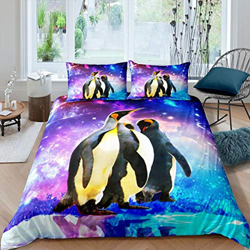Pinguin-Bettwäsche-Set, Galaxie-Cartoon-Pinguin-Bettwäsche-Set für Kinder, Jungen, Mädchen, lustiger Tierdruck, niedliches Polar-Tiermuster, bunt, Bettbezug, Raumdekoration, 2-teilig,