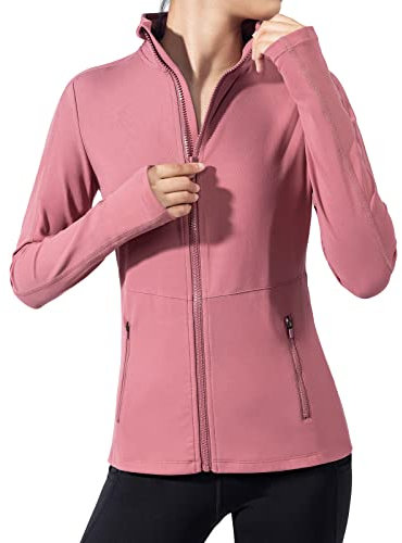 VUTRU Running Jacket Women Long Sleeve Running Tops Sports Jacket Full Zip Yoga Jackets Slim Fit with Thumb Holes Pink L