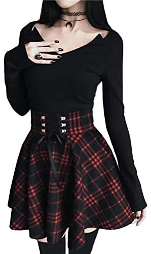 Minetom Damen Kariert Kilt-Rock Faltenröcke Tartan Minirock Hohe Taille Kurz Skirt Skater Rock Informell Mini Glocken Rock (XS, A Rot)