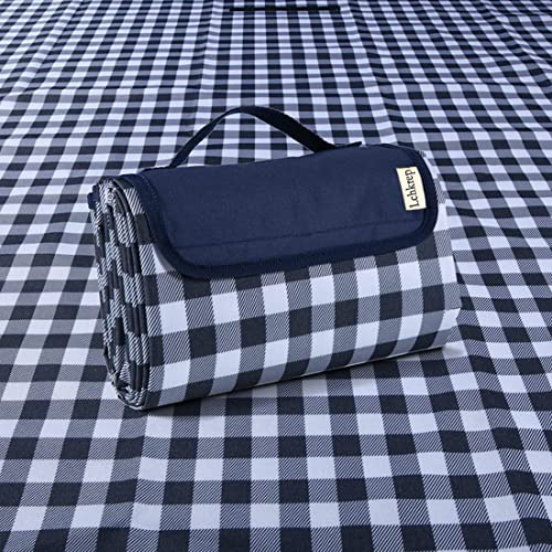 Picknickdecke, Stranddecke, 203x144 cm, groß, sanddicht, wasserdicht, Camping, tragbare Reisedecke, Spielmatte für Outdoor, Indoor, Familie, Strand, Wandern, Musik-Festival (dunkelblaues Gitter)