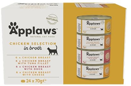 Applaws 100% natürliches Premium-Nassfutter für Katzen, Hühnerauswahl-Multipack in Brühe - Packung mit 24 x 70g Dosen