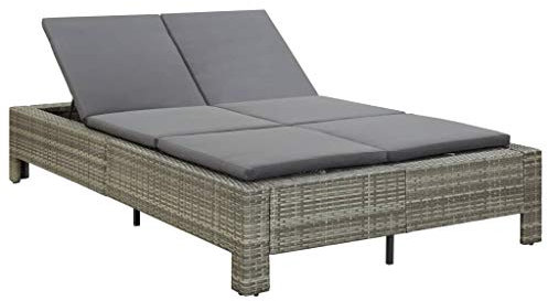 MOONAIRY 2-Personen-Sonnenliege mit Auflage, Sonnenliege Balkon, Gartenliege, Strandliege, Relaxliege Garten, Saunaliege, Liegestuhl, Grau Poly Rattan