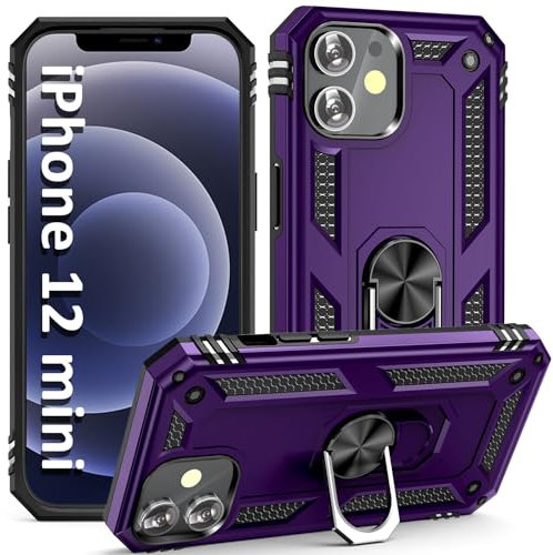 ADDIT iPhone 12 Mini Case - Heavy Duty, Military Grade, Purple with Stand Ring, Magnetic Car Mount Compatible
