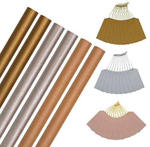 Hallmark Christmas Wrapping Paper, Pack of 6 Kraft Gift Wrap, 3M Each, & 30 Gift Tags, Gold, Brown, Silver | 30 Gift Tags, Kraft, 70x300cm Rolls, 9x4.5cm Tags, Cutting Grid, Recyclable, 2 Each Color