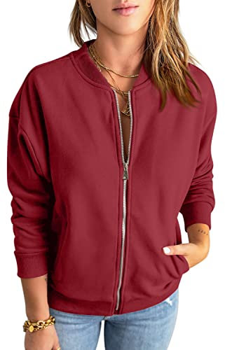GeGekoko Sweat-shirt zippé pour femme - Veste surdimensionnée - Couleur unie - Manches longues - Haut avec poche, Bordeaux, XXL