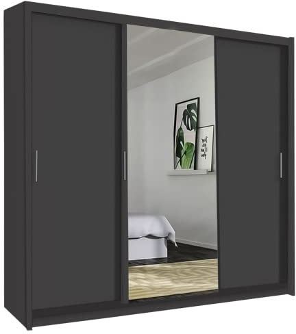 Ibaraki Modern 3 Door Stylish Sliding Mirror Wardrobe with Drawers and Hanging Rail (Grey)