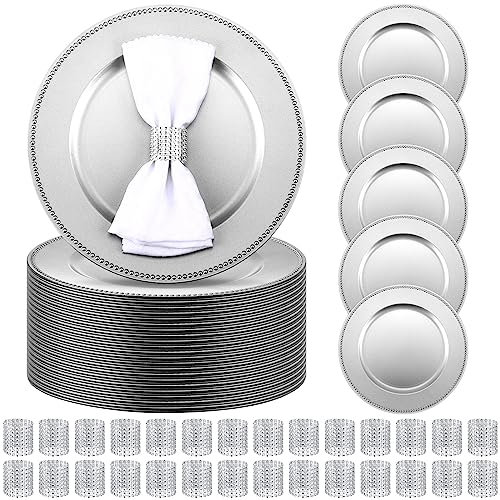 Tanlade 100 Pcs Charger Plates Bulk with Napkin Rings Set Include 50 Plastic Beaded Plate Chargers 50 Napkin Rings 13'' Round Dinner Plate Chargers Set for Table Setting Wedding Party(Silver)