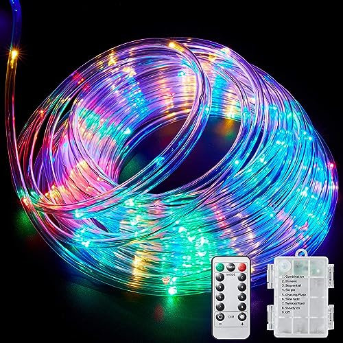 KINGCOO Cuerda de 200 luces LED que funcionan con pilas, resistente al agua 20 m, 8 modos, tira de alambre de cobre, tubo de luces colgantes de hadas con temporizador remoto para interiores y