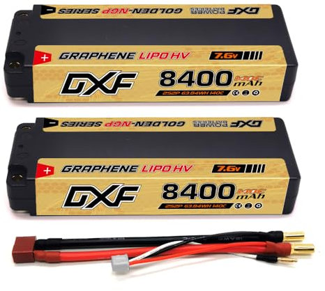 DXF Lot de 2 batteries Lipo 2S 8400 mAh 7,6 V 140 C Golden NGP HV Grahpene avec boule de 5,0 mm vers prise Deans T pour RC Evader BX, voiture, camion, truggy RC Hobby