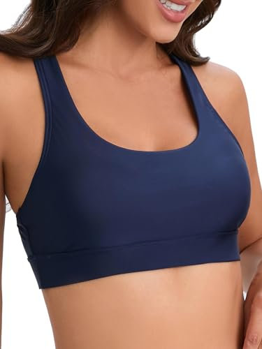 Racerback-Sport-Bade-BH für Damen, hoher Halsausschnitt, Bikini-Oberteil, schwarz, Workout-Badeanzug, nur gepolstertes Oberteil, Marineblau, S