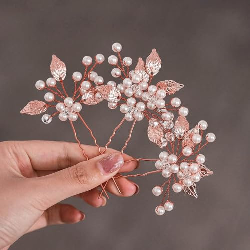 Handcess Braut Hochzeits Haarnadeln Roségold Strass Haarspangen Blatt Kopfschmuck Perlen Braut Haarschmuck für Frauen und Mädchen (3 Stück)