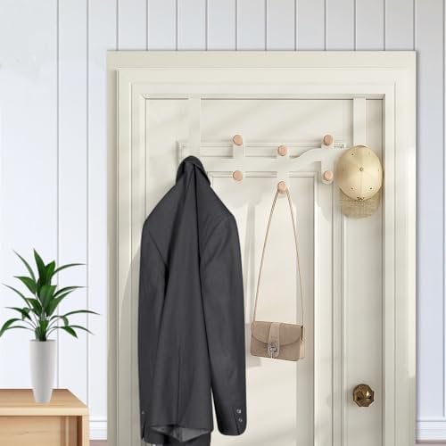 KLYNGTSK Over The Door Hanger Metal Over Door Coat Hooks Over Door Hooks White Door Hangers 4.5cm Thick Over Door Hangers Rack with Wooden Hooks Over Door Hooks for Bedroom Kitchen Bathroom (8 Hooks)