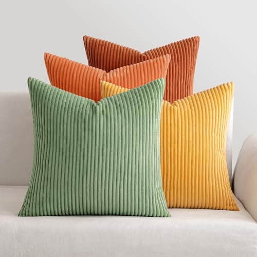 MIULEE Kordsamt Kissenbezug Weiche Kissenhülle Dekorative Sofakissen Quadratische Dekokissen Zierkissenbezug Gestreifte Kissenbezüge für Wohnzimmer Schlafzimmer 4 Stück 45x45cm Orange grüne Serie