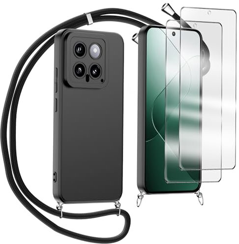 MQERYBV Coque Collier pour Xiaomi 14, avec Verre Trempé Protection écran Silicone TPU Housse Étui de Téléphone avec Cordon Collier Tour de Cou Lanière pour Xiaomi 14 5G, Noir
