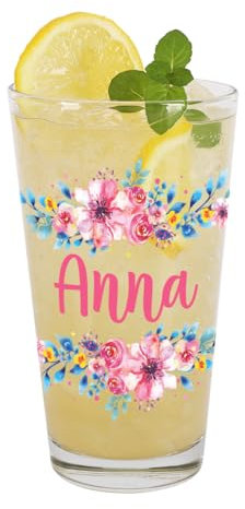 Herz & Heim® Trinkglas mit Namen - Geburtstags-Geschenkidee (Blumen)