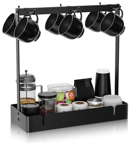 GAGUIUP Mug Tree Stand with Black Metal Mobile Hook Coffee Cup Holder for Coffee Table,Pods Holder Countertop with Storage Base 1 Tier Counter Cup Display Organizer for Kitchen Tea Coffee Bar
