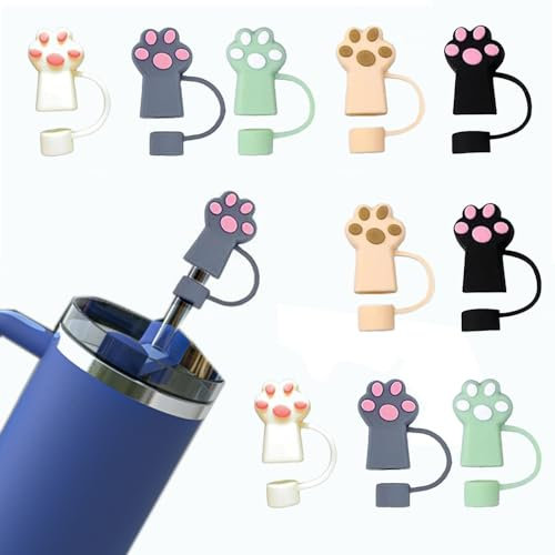 10Pcs Cute Silicone Straw Covers Cap, JCSMARTEC Cat Paw Funny Dust-Proof Drinking Straw Protector Tips Lids Toppers Plugs (Cat)