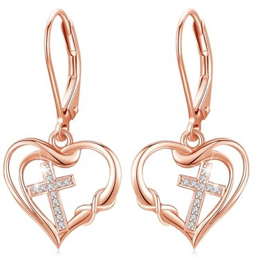 CUOKA MIRACLE Mädchen Kreuz Ohrringe Roségold - Herzförmige 925er Sterling Silber Creolen - Kleine Damen Ohrringe - Unendlicher Geschenkschmuck