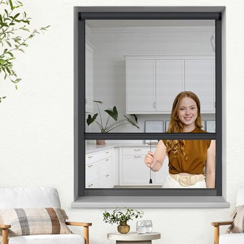 Jalousiescout Fliegengitter Insektenschutzrollo für Fenster, Fliegengitterrollo Insektenschutz mit Aluminium-Rahmen, robustes Fiberglas-Gewebe, anthrazit, B92xH150cm