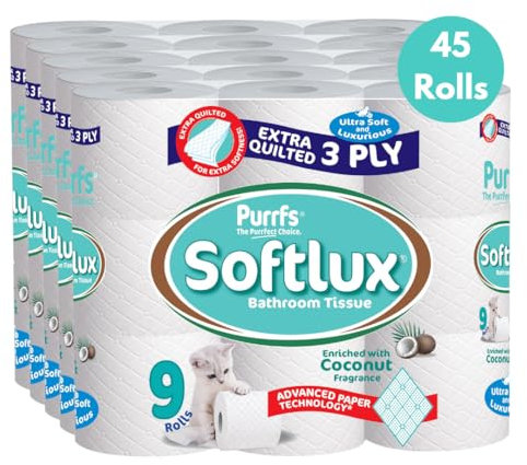 Purrfs Softlux 3ply Luxury Quilted Soft Toilet Rolls 9 Rolls (Coconut, 45 Rolls)