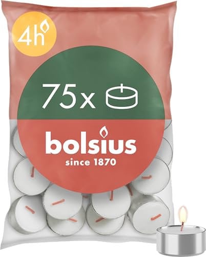 Bolsius - Velas de Té - 75 Unidades - Duración de Combustión: 4 Horas - Velas Decorativas para el Hogar - Contiene Cera Vegetal Natural - Sin Aceite de Palma
