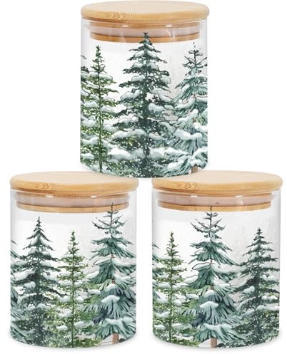 JarThenaAMCS 3Pcs Christmas Forest Glass Storage Jars with Airtight Lid Watercolor Xmas Tree Decorative Canisters Sets for Winter Home Kitchen Countertop