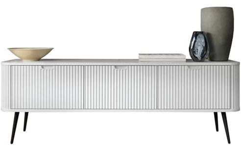 BETTSO - TV Schrank - Fernsehschrank mit Türen - TV Kommode 168cm breit - Lowboard - mit hohen Metallbeinen und dekorativen Rillen - Weiß + Schwarz