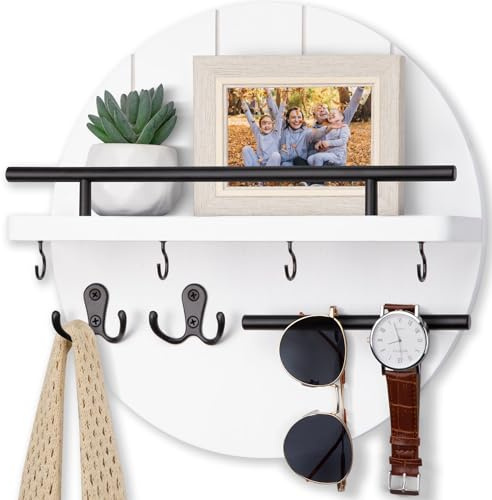 Nekon Rustikaler Schlüssel-Organizer zur Wandmontage, 30 cm, Regal mit Ablage und 6 Haken, runder Schlüsselaufhänger aus Holz für Eingangsbereich, Flur, Küche (weiß)