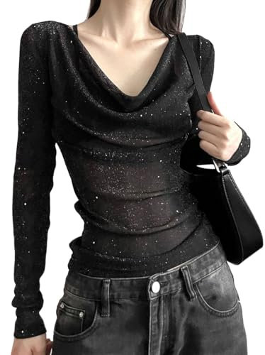 EMOTTOS Women's Sexy Mesh Tops, Slim Fit Sequin Stamping Sheer Mesh Long Sleeve, Swing Neck See Through Shirts for Women, Female Sexy Clubwear Top(Black, S)