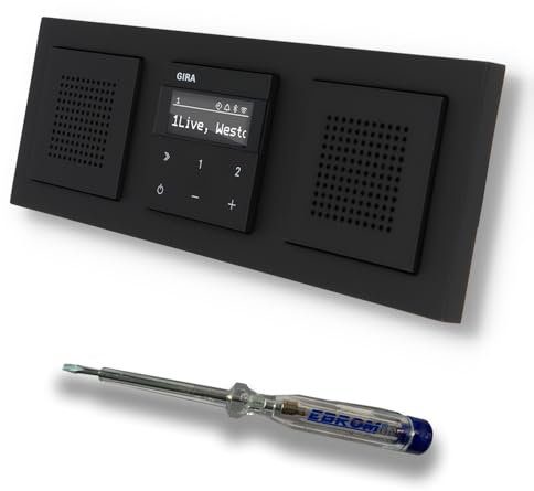 Gira Unterputz IP Internetradio 232003 + Bluetooth Komplett-Set mit 2 x Lautsprecher - E2 schwarz matt mit 3fach Rahmen Gira 021309 inkl. EBROM Phasenprüfer zur Montage der Geräte