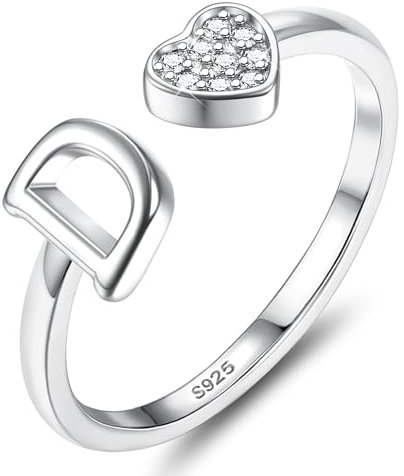JeweBella Herz Ring Silber 925 Damen mit Buchstaben Verstellbar Ringe Frauen Stapeln Daumenring Fingerring Eheringe Engagement Promise Ring Verlobungsring Initiale A-Z Ring Damen Mädchen mit Box