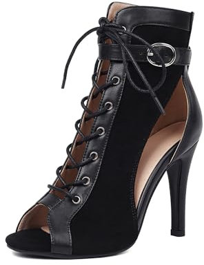 Uonpie Stivali da Ballo Latino Donna con Punta Aperta Tacco Alto Nero Scarpe da Ballo Salsa con Lacci Scarpe Heels Dance,38.5EU