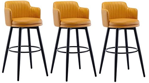 Juego de 3 taburetes de bar giratorios con respaldo bajo, sillas de altura para isla de cocina y barras, asiento tapizado con pedal de cuero, sillas de bar con acabado cromado, sillas de barra de