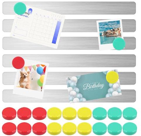 VMUTGA 6 Stück Magnettafel Memotafel, 29.8 x 2.8cm Selbstklebend Magnetleiste Klein Metall Memoboard Magnetstreifen Magnetboard mit 18 Starke Magnete für Büro Küche Fotowand Pinnwand Dokumente