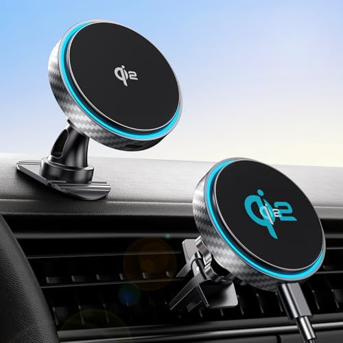 GuMosh Für Magsafe Auto-Halterungsladegerät [Qi2 Zertifiziert - 15W], 360° Drehbar [Armaturenbrett & Lüftungsgitter] Drahtloses Auto-Halterungsladegerät Kompatibel mit iPhone 17 16 15 14 13 12 Serie
