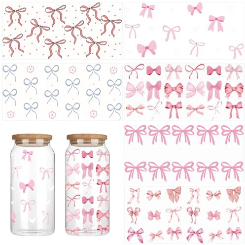6 Sheets Bows DTF Stickers, Bow DTF Cup Wraps Cute Bow Transfer Stickers Bow Water Bottle Decals for DIY 16oz Glass Water Bottle Coffee Cups Crafts