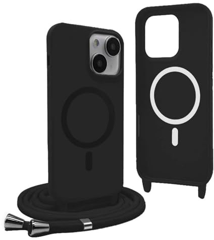 Magnetic Cover for iPhone 14 Plus with Lanyard, Compatible with MagSafe, Silicone Case with Adjustable Neck Strap Nylon Chain Necklace – Black