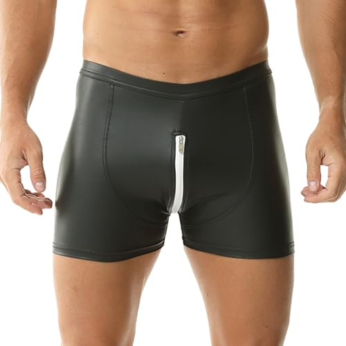 YUFEIDA Herren Kunstleder Boxershorts Wetlook Sexy Unterwäsche Boxer Shorts Slips Männer Stretch Clubwear Kurz Hose Unterhosen