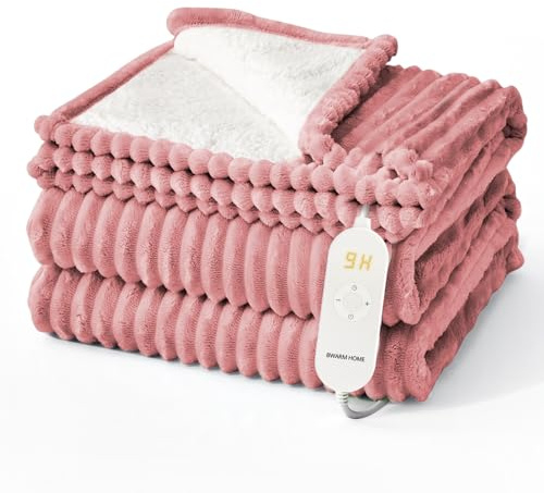 Heizdecke 130x180 cm, Heizdecke mit Abschaltautomatik, Wärmedecke mit 9 Heizstufen und 10 Stunden Timer, Speicherfunktion Überhitzungsschutz Elektrische Kuscheldecke für Bett, Büro (Rose Gestreift)