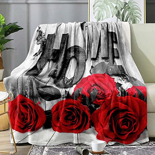 Coperta con rose rosse, coperta rustica con fiori romantici, coperta grigia, morbida, pelosa, calda coperta in pile di flanella per divano, divano, regalo di San Valentino per donne, 127 x 152,4 cm