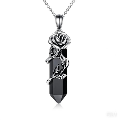 YFN Collier avec pendentif rose onyx noir en argent sterling 925 pour femme, élégant style gothique victorien, bijou cadeau