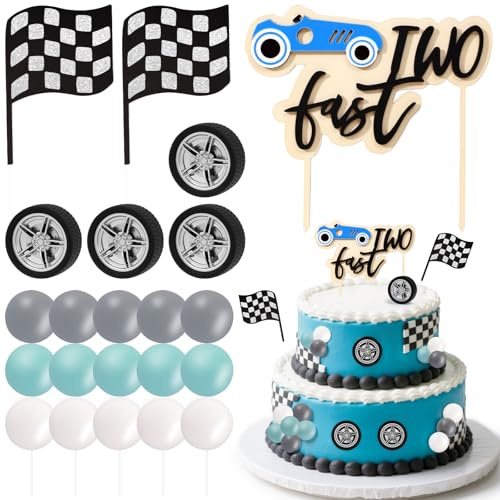 Zwei Fast Race Car Cake Toppers Set für Jungen, Rennwagen Geburtstag Party Dekorationen mit karierten Flaggen, Rädern & Luftballons, Geburtstagstorte Topper für Rennmotto Party Supplies