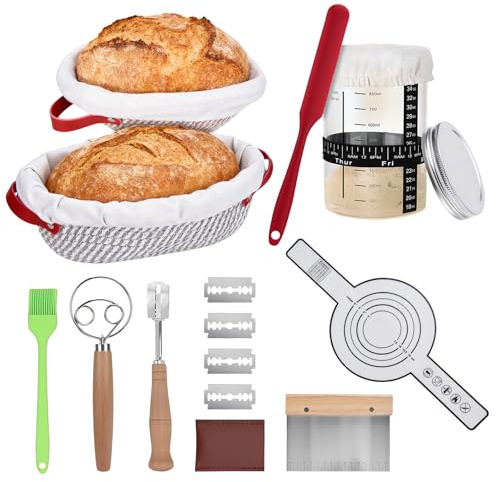 Cestino Lievitazione Pane 11 Pezzi Set, Ideale per e Pasta Madre | Cestino per Lievitazione Rotondi e Ovali, Frusta per Impasto, Lame per Pane, Raschietto per Impasto, per Panificazionea